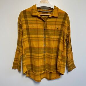 PrAna Women's Plaid Button Down Shirt Yellow Long Sleeve Organic Cotton Size L